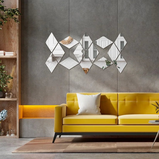 Acrylic Rhombus Mirror Wall Stickers – Set of 12 | 4" Silver & Gold Waterproof Decor