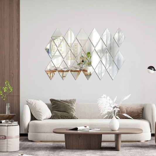 Acrylic Rhombus Mirror Wall Stickers – Set of 12 | 4" Silver & Gold Waterproof Decor