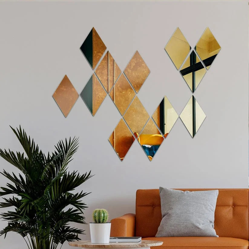 Acrylic Rhombus Mirror Wall Stickers – Set of 12 | 4" Silver & Gold Waterproof Decor