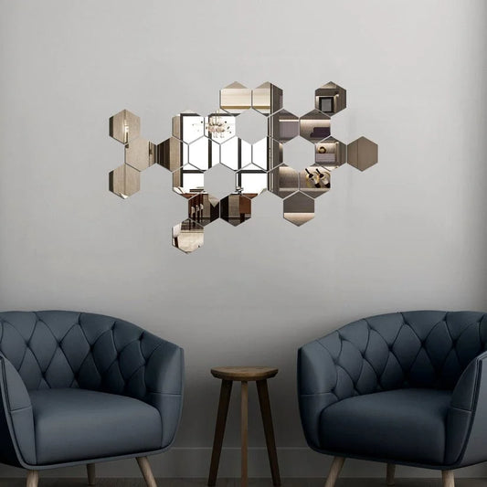 Acrylic Hexagon Mirror Wall Stickers – Golden & Silver | Waterproof Decorative Set