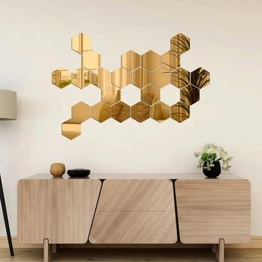 Acrylic Hexagon Mirror Wall Stickers – Golden & Silver | Waterproof Decorative Set
