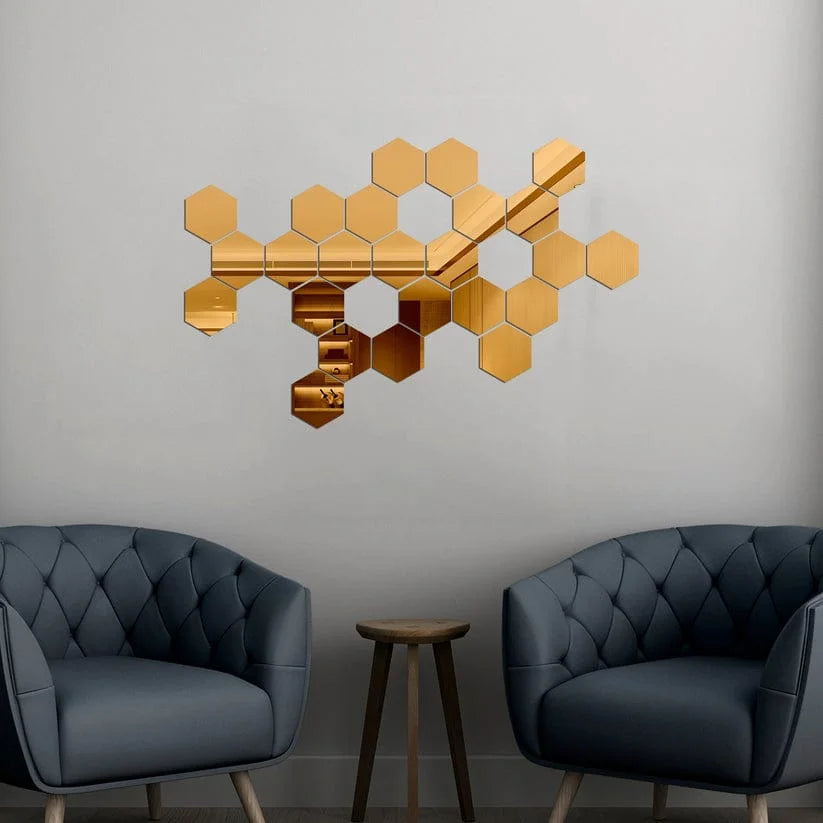 Acrylic Hexagon Mirror Wall Stickers – Golden & Silver | Waterproof Decorative Set