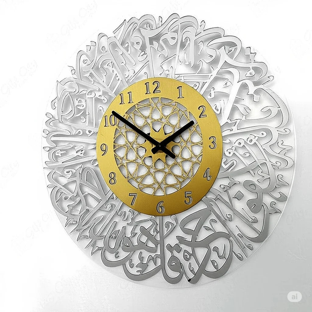 Acrylic Surah Al Ikhlas Islamic Calligraphy Wall Clock – 11x11" | Double Layer Acrylic