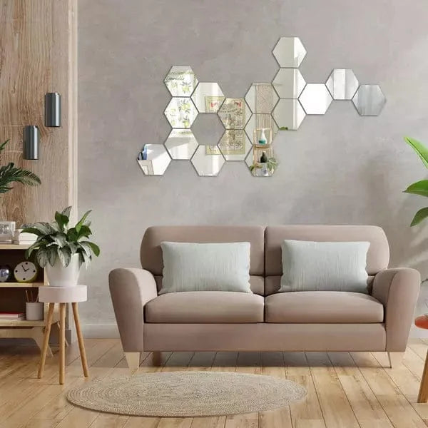 Acrylic Hexagon Mirror Wall Stickers – Golden & Silver | Waterproof Decorative Set