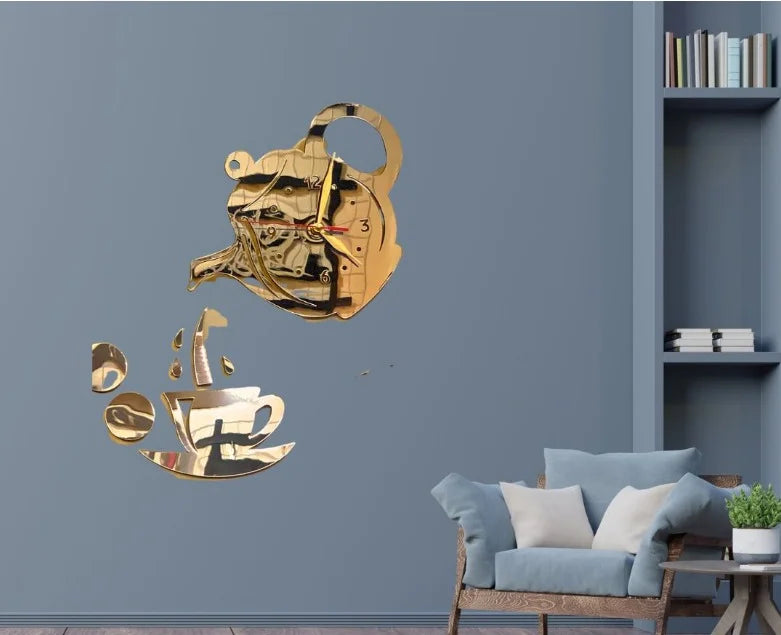 Tea & Cup Mirror Wall Clock – 12x12" | Wooden & Acrylic Decor